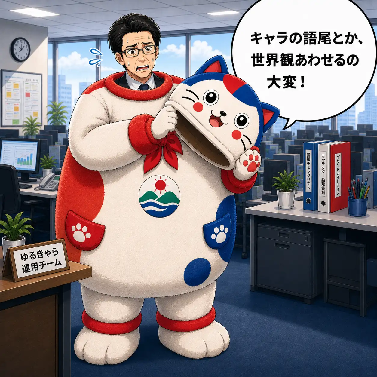 赤と青のかわいい自治体ゆるキャラ風の全身猫着ぐるみを着た男性上司が、キャラの語尾とか、世界観併せるの大変、と言いながら肩まである下部パーツから上部パーツを外しているマンガの1コマ