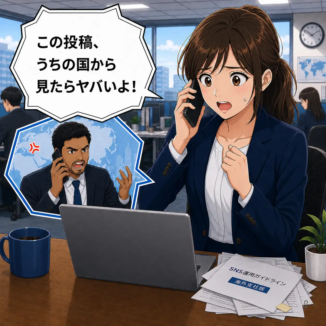 若手女性社員が電話を取り、海外支社から、この投稿、うちの国から見たらヤバいよ！と怒られているマンガの1コマ