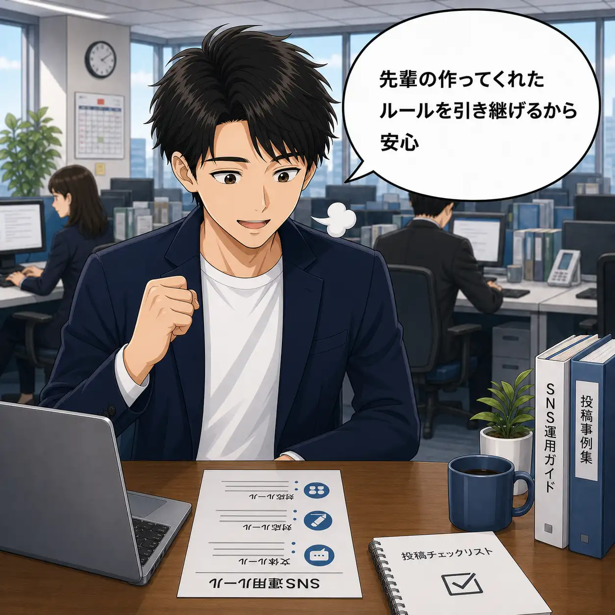 新人SNS担当者が、先輩の作ってくれたルールを引き継げるから安心、と安堵しているマンガの1コマ
