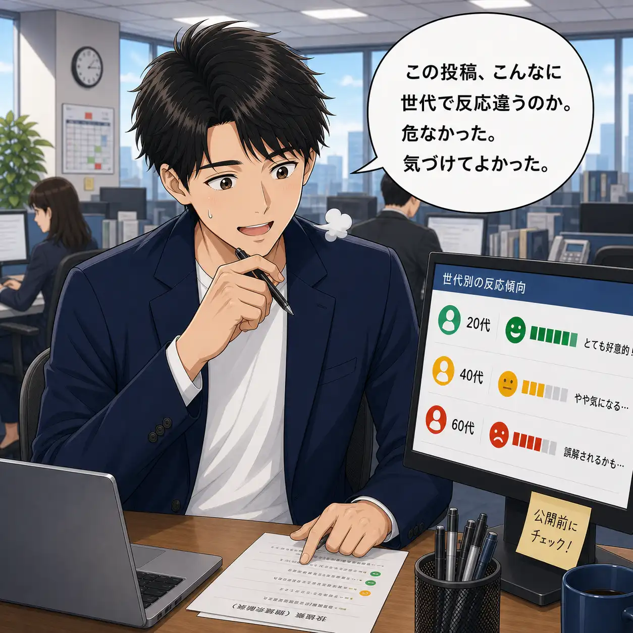 SNS担当者の若手男性が、この投稿、こんなに世代で反応違うのか。危なかった。気づけてよかった。と安堵しているマンガの1コマ