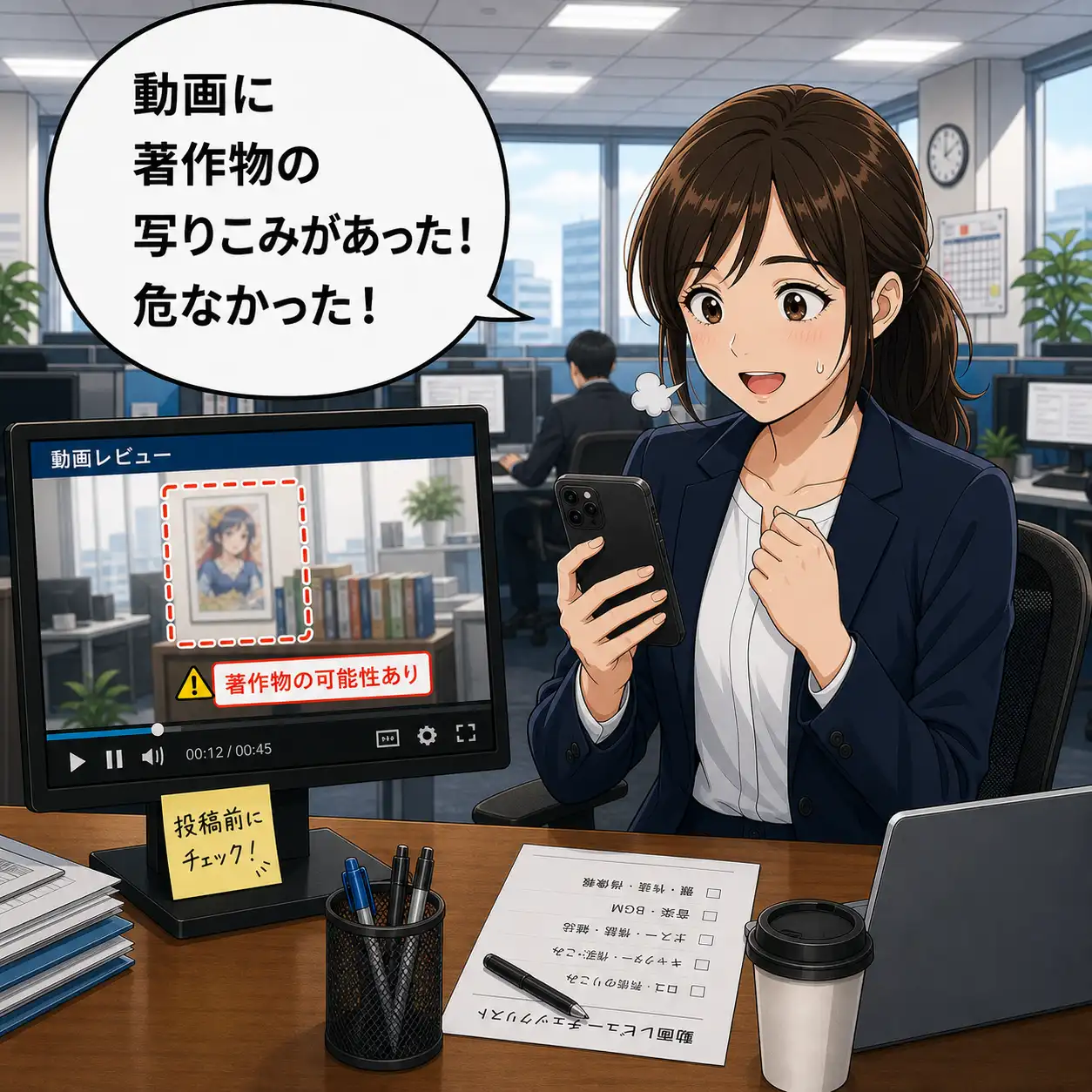 若手女性SNS担当者がスマホを片手に、動画に著作物の写りこみがあった！危なかった！と安堵しているマンガの1コマ