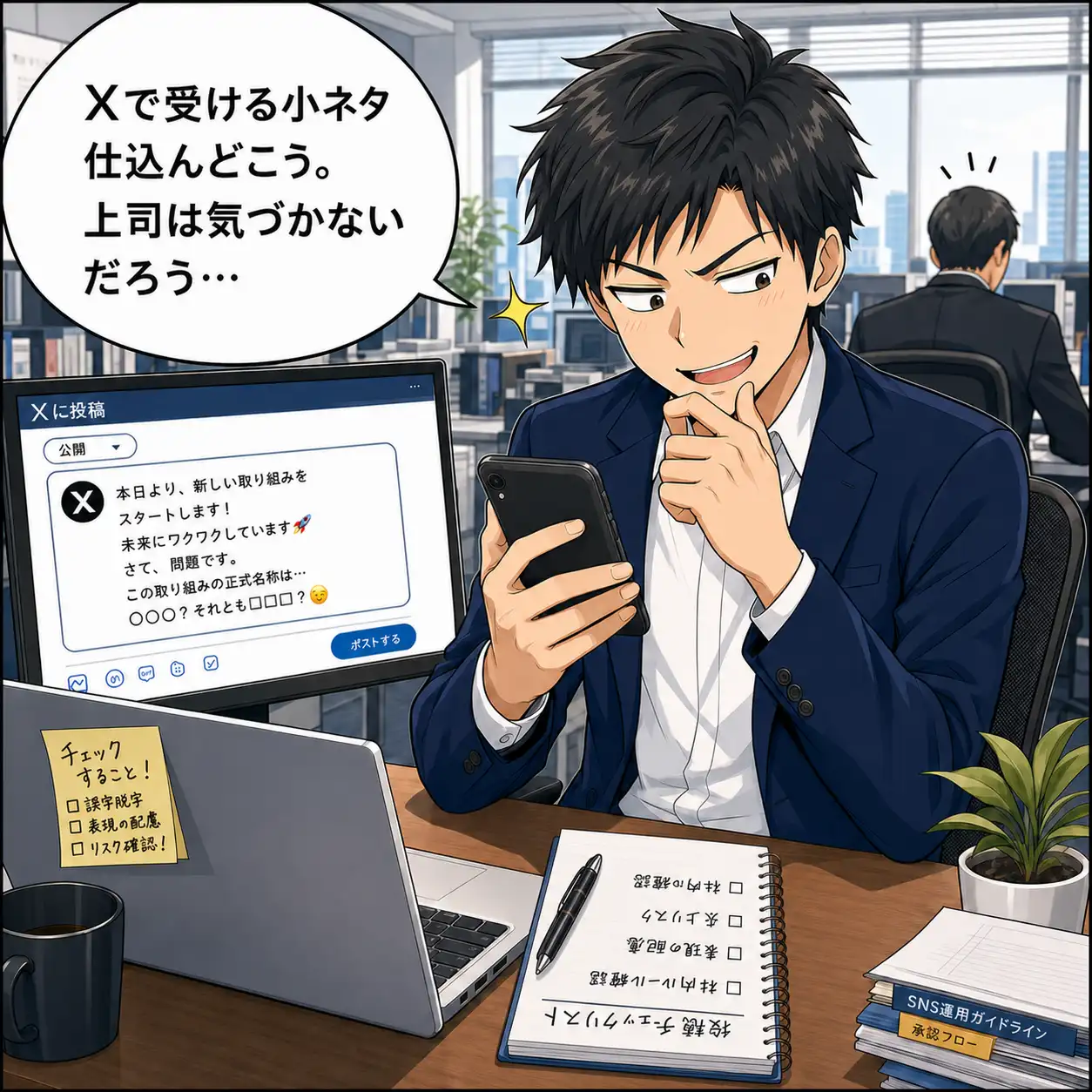 スマホを持った若手社員が、Xで受ける小ネタ仕込んどこう。上司は気づかないだろう…といたずらをしようとしているマンガの1コマ