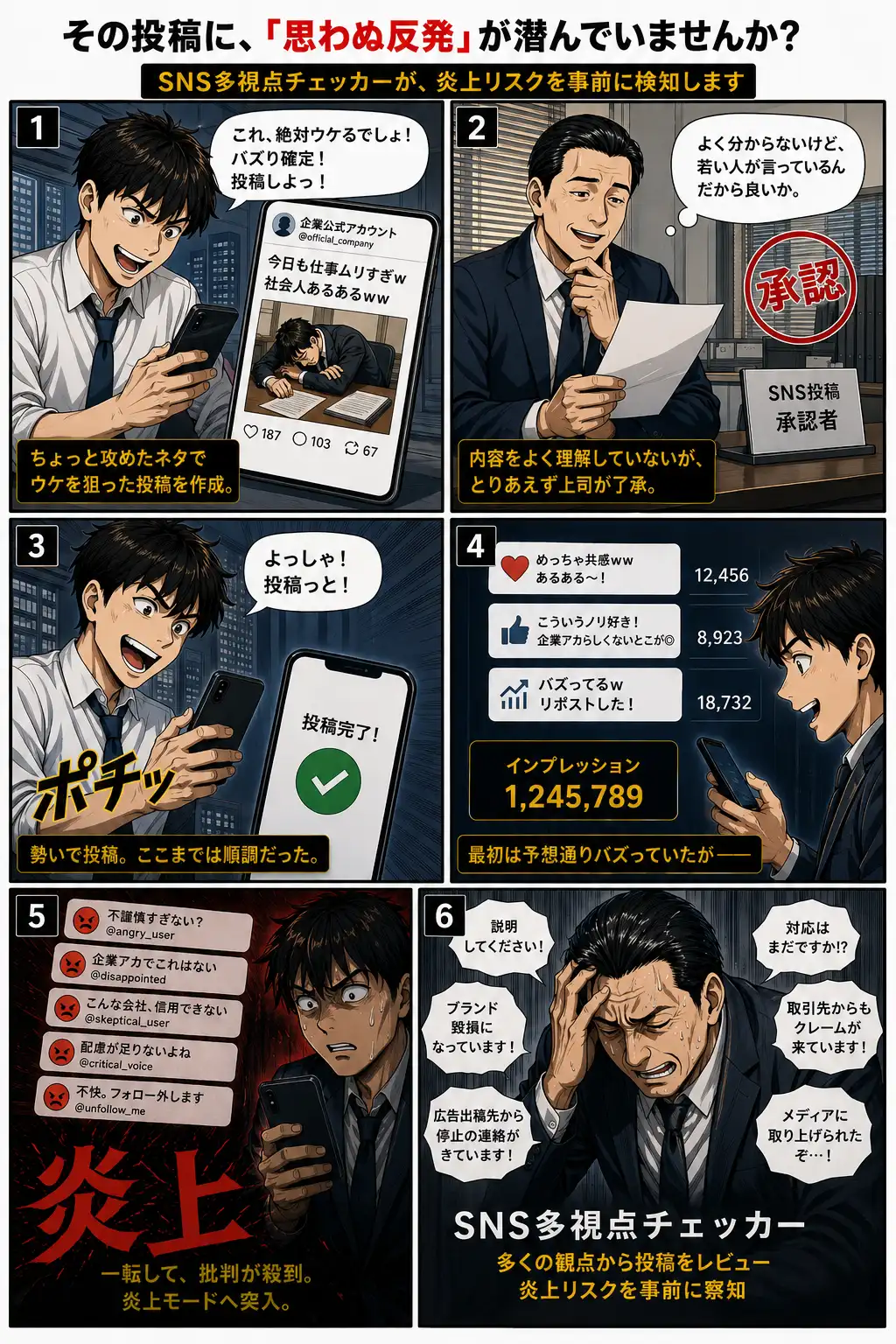 ウケ狙いの投稿が批判を招くまでの流れと、SNS多視点チェッカーが事前にリスクを確認する場面を描いた解説マンガ